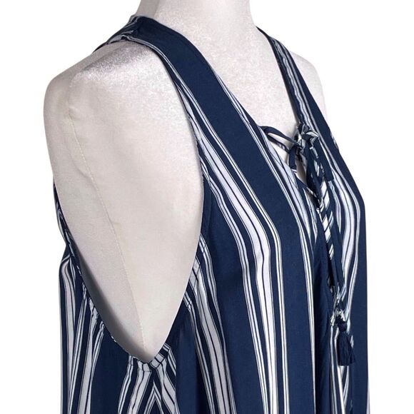 SHOW ME YOUR MUMU Rancho Mirage Tunic Dress Size Medium Lace Up Navy Blue Stripe - Picture 8 of 14